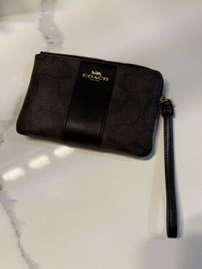 Coach Brown and Black Signature Wristlet with Gold Logo